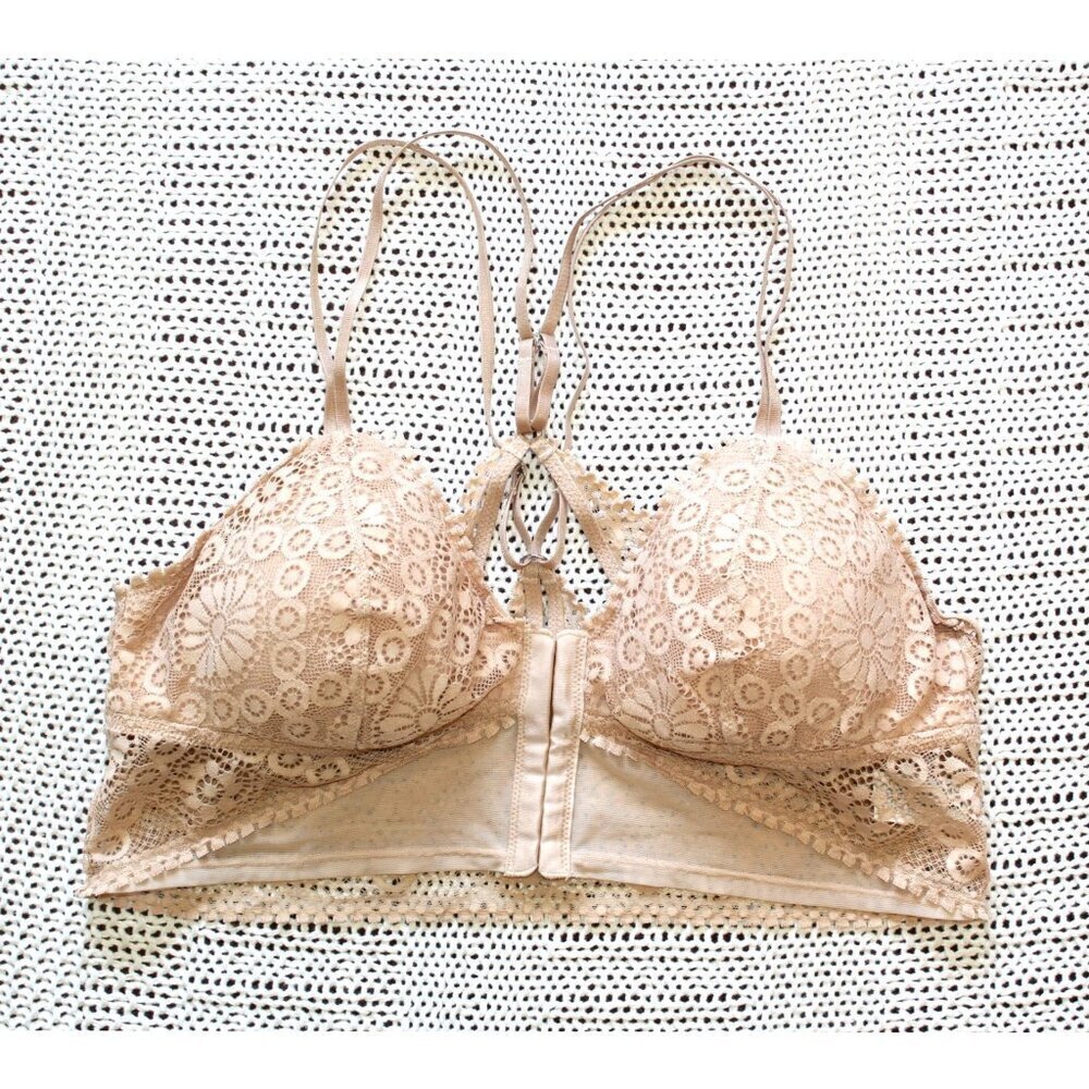 Aerie Floral Lace Bralette Front Closure Beige Size LG Cross back Bra Comfy